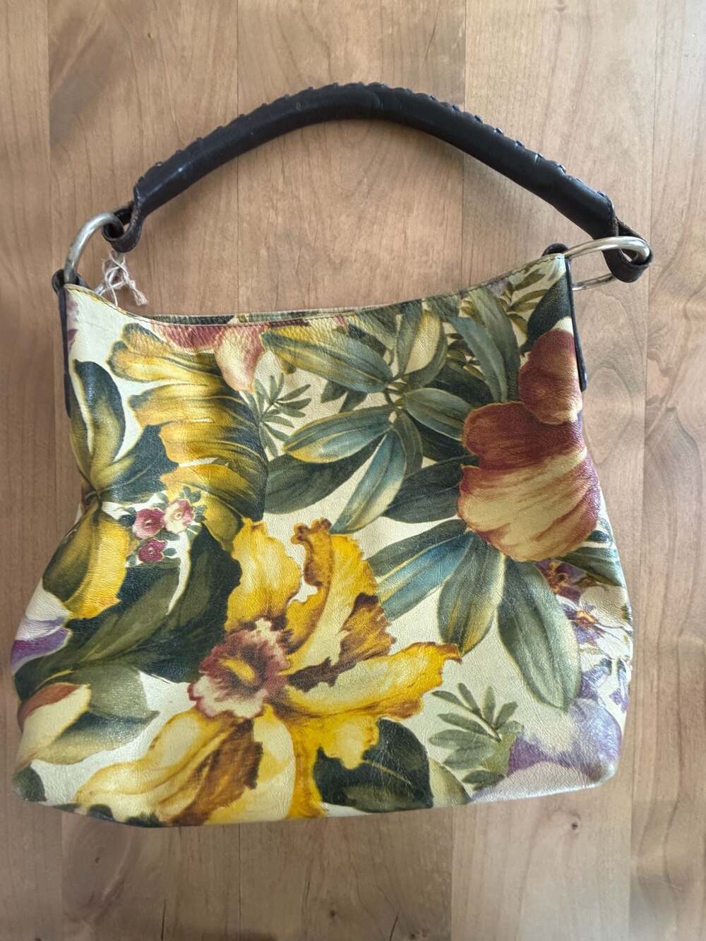 Vintage Floral Print Leather Hobo Shoulder Bag
